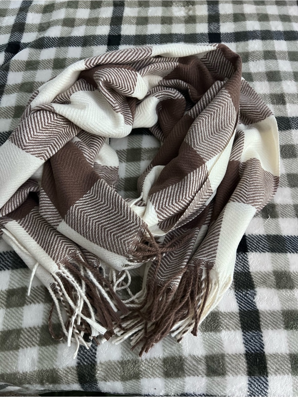 Versatile Cream and Brown Plaid Fringe Scarf - Women's Accessory